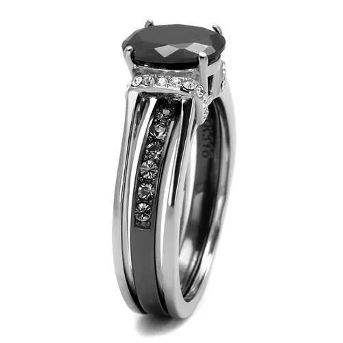 MT1792 - Two-Tone IP Black Stainless Steel Ring with Synthetic Synthetic Glass in Jet