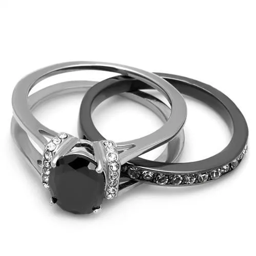 MT1792 - Two-Tone IP Black Stainless Steel Ring with Synthetic Synthetic Glass in Jet