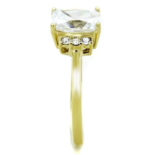 MT6781 - IP Gold(Ion Plating) Stainless Steel Ring with Crystals in Clear - Emerald Cut Center Stone- April Birthstone