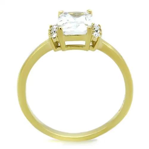 MT6781 - IP Gold(Ion Plating) Stainless Steel Ring with Crystals in Clear - Emerald Cut Center Stone- April Birthstone