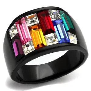 MT7931j - IP Black (Ion Plating) Stainless Steel Ring With Multi Colored Crystals