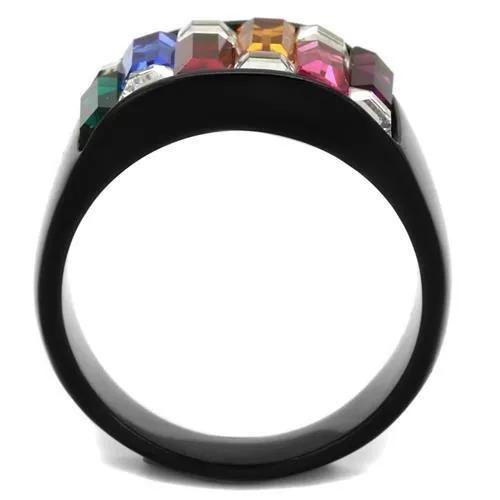 MT7931j - IP Black (Ion Plating) Stainless Steel Ring With Multi Colored Crystals
