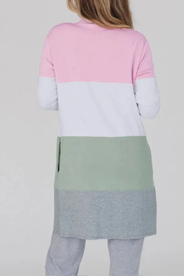 Multicolor Color Block Casual Pocketed Duster Cardigan