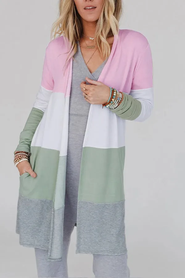 Multicolor Color Block Casual Pocketed Duster Cardigan