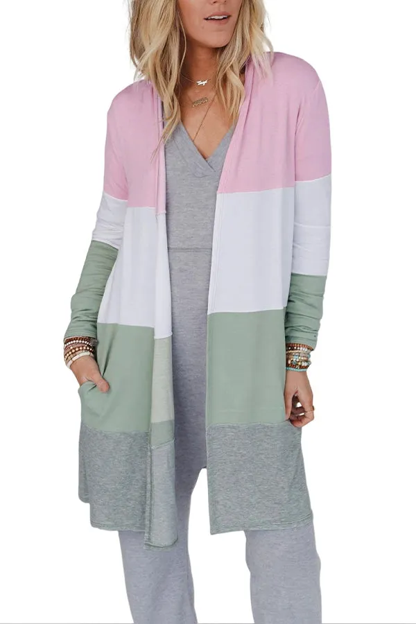 Multicolor Color Block Casual Pocketed Duster Cardigan