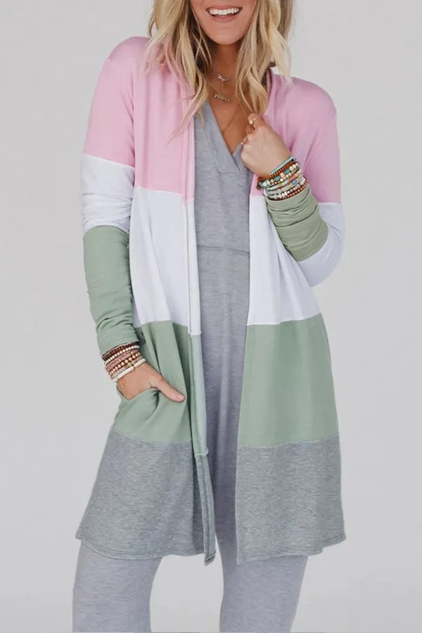 Multicolor Color Block Casual Pocketed Duster Cardigan