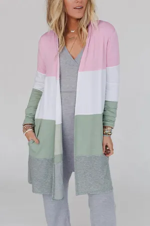 Multicolor Color Block Casual Pocketed Duster Cardigan