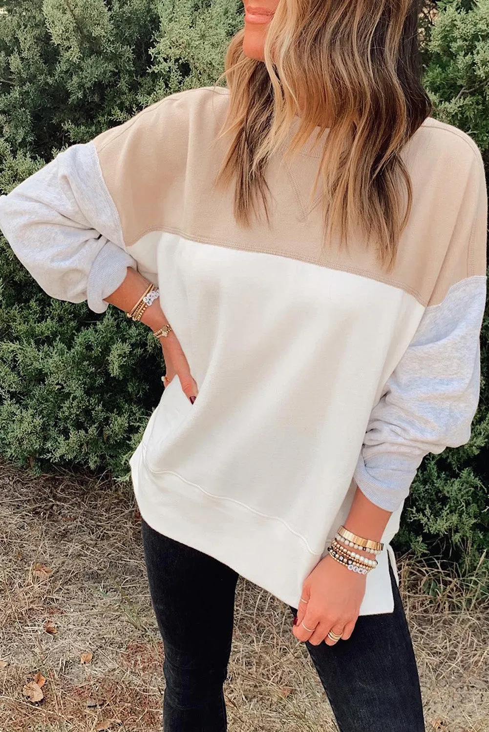 Multicolor Color Block Drop Shoulder Casual Sweatshirt