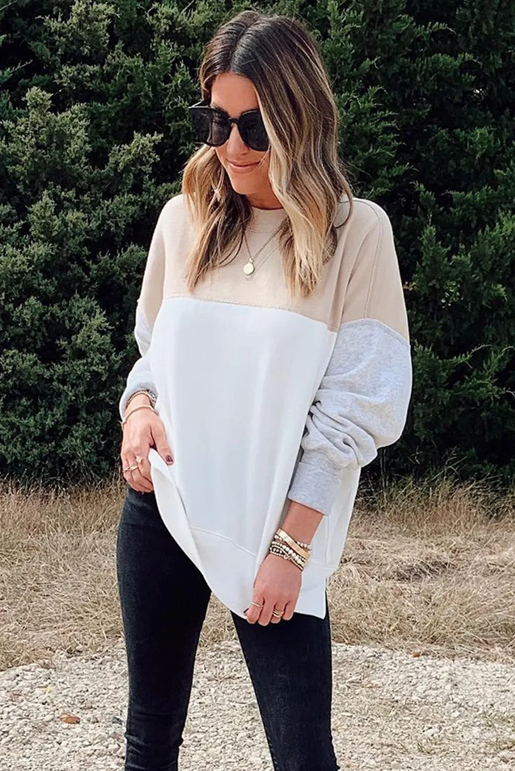 Multicolor Color Block Drop Shoulder Casual Sweatshirt