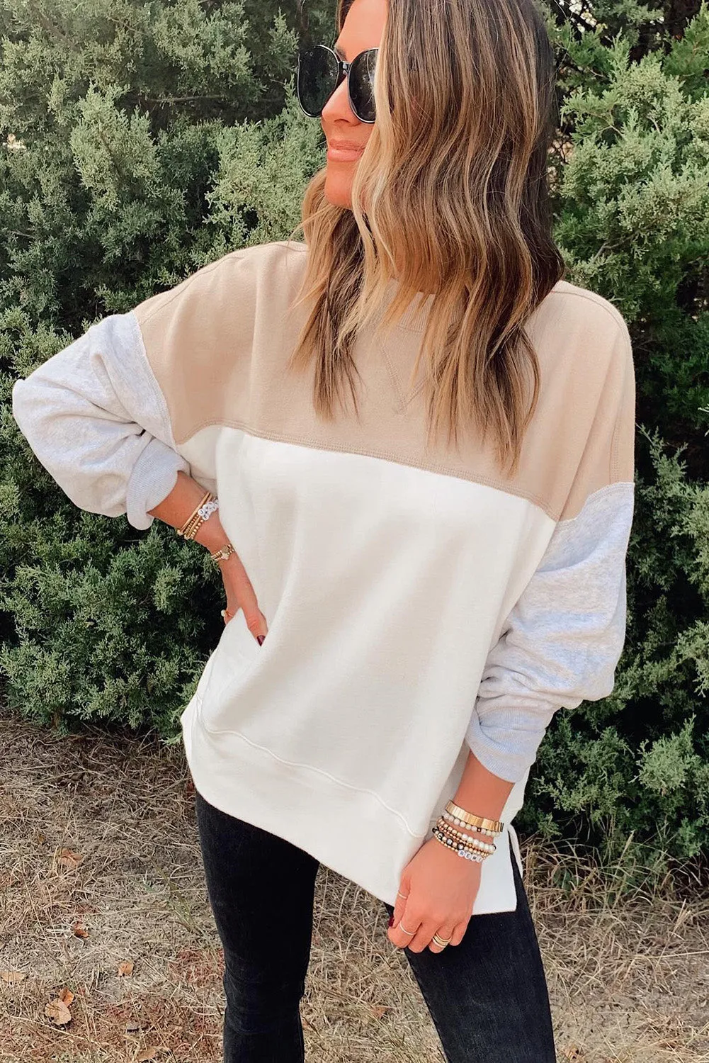 Multicolor Color Block Drop Shoulder Casual Sweatshirt