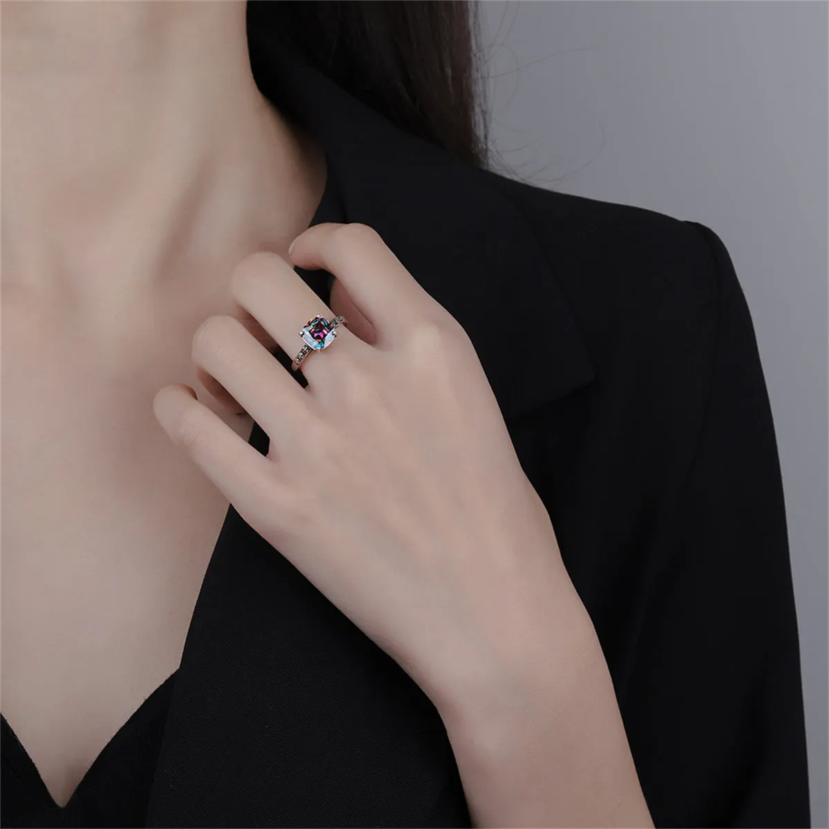 Multicolor Crystal & Silver-Plated Square Ring