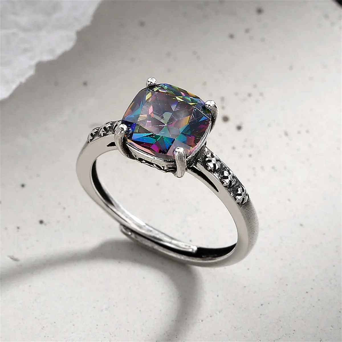 Multicolor Crystal & Silver-Plated Square Ring