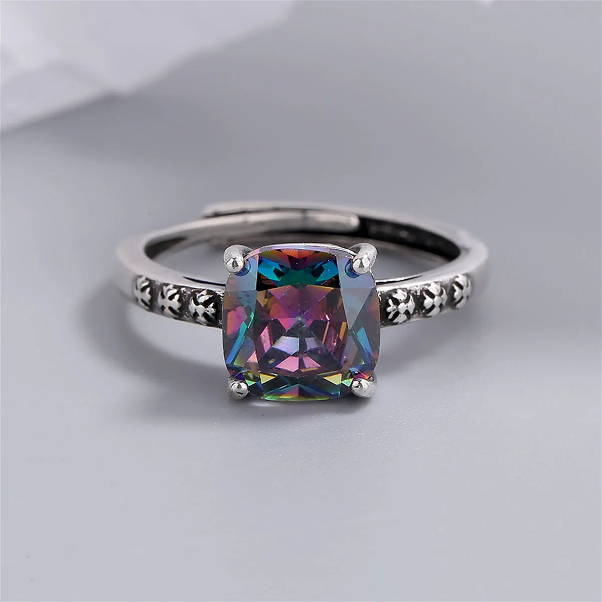 Multicolor Crystal & Silver-Plated Square Ring