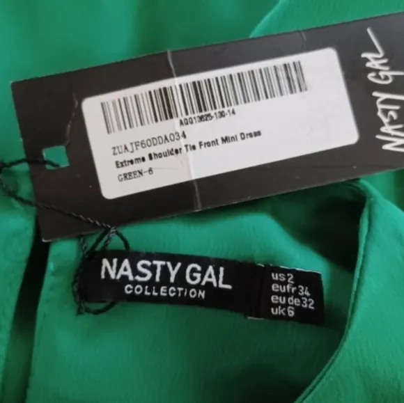 NASTY GAL Green Satin Sheen Extreme Shoulder Tie Front Long Sleeve Mini Dress