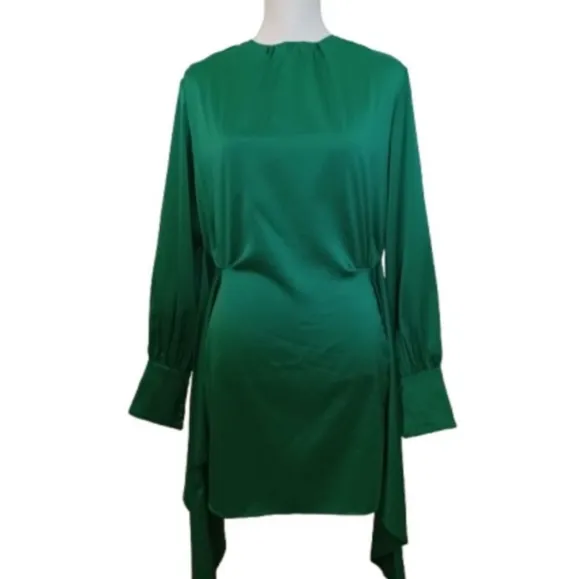 NASTY GAL Green Satin Sheen Extreme Shoulder Tie Front Long Sleeve Mini Dress
