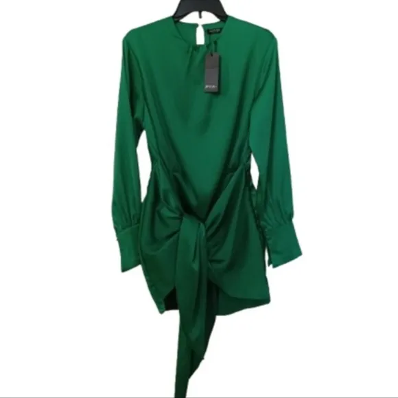 NASTY GAL Green Satin Sheen Extreme Shoulder Tie Front Long Sleeve Mini Dress