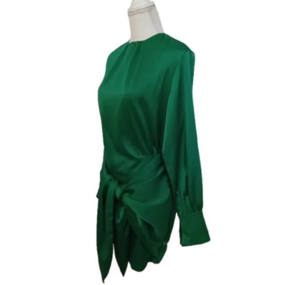 NASTY GAL Green Satin Sheen Extreme Shoulder Tie Front Long Sleeve Mini Dress