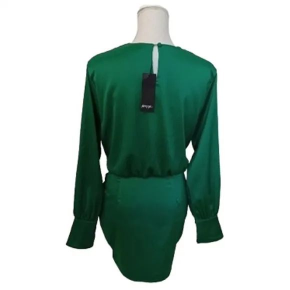 NASTY GAL Green Satin Sheen Extreme Shoulder Tie Front Long Sleeve Mini Dress