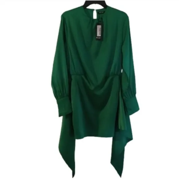 NASTY GAL Green Satin Sheen Extreme Shoulder Tie Front Long Sleeve Mini Dress