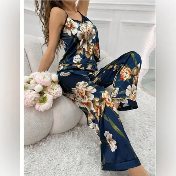 Navy Blue Floral Printed Satin Cami Top Pyjama Set