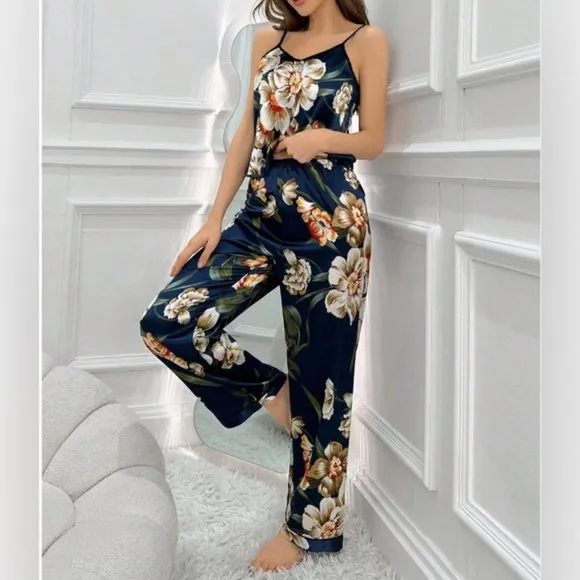 Navy Blue Floral Printed Satin Cami Top Pyjama Set