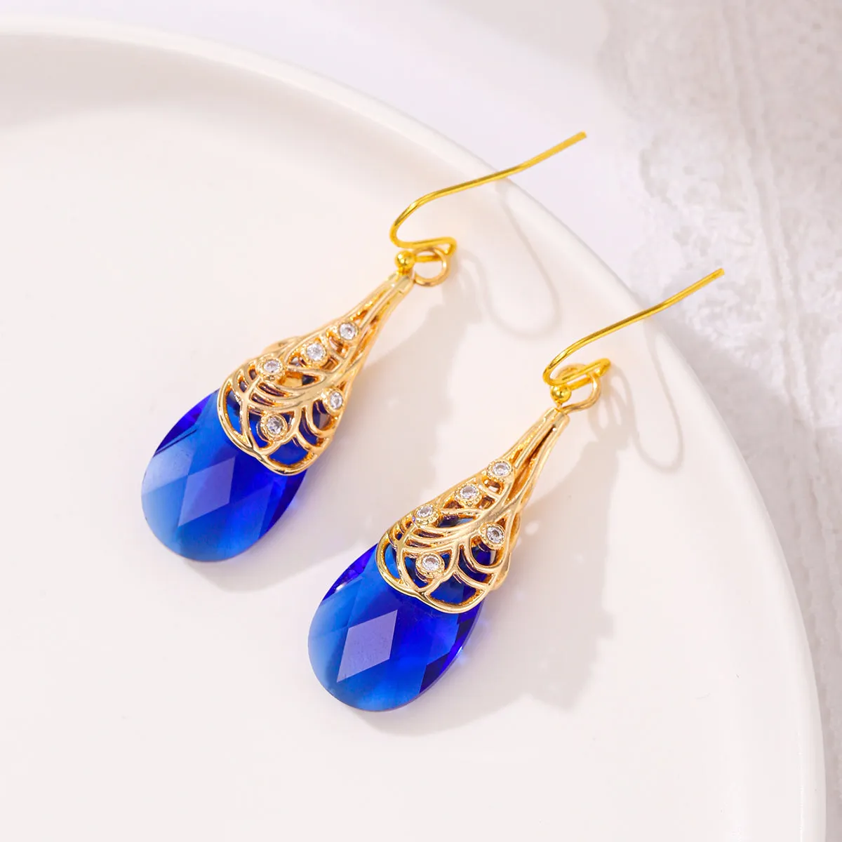 Navy Crystal & Cubic Zirconia Drop Earrings