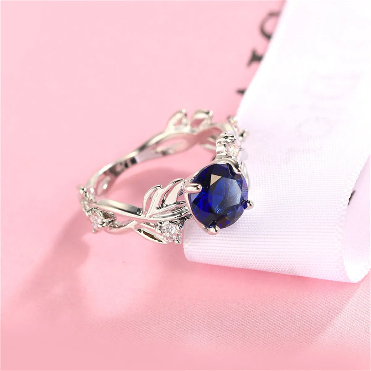 Navy Crystal & Silver-Plated Round-Cut Floral Ring