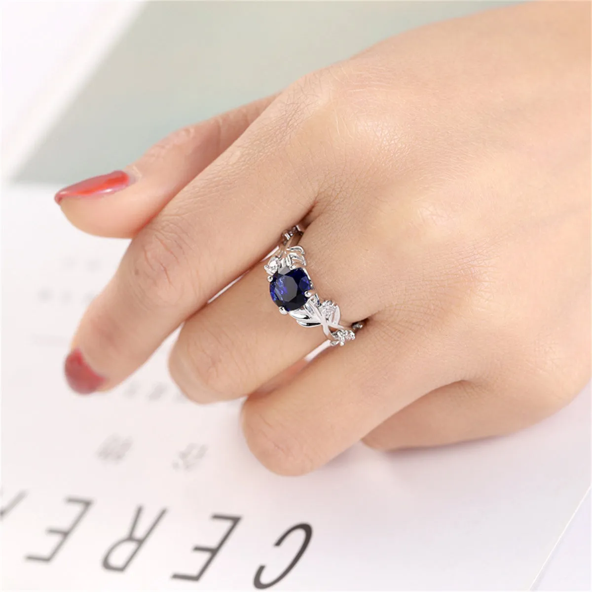 Navy Crystal & Silver-Plated Round-Cut Floral Ring