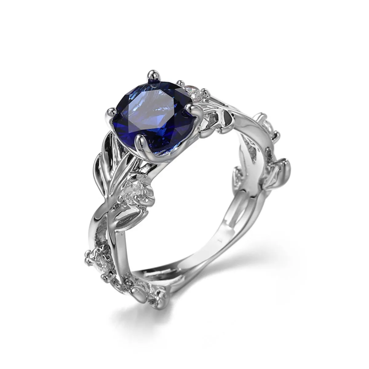 Navy Crystal & Silver-Plated Round-Cut Floral Ring
