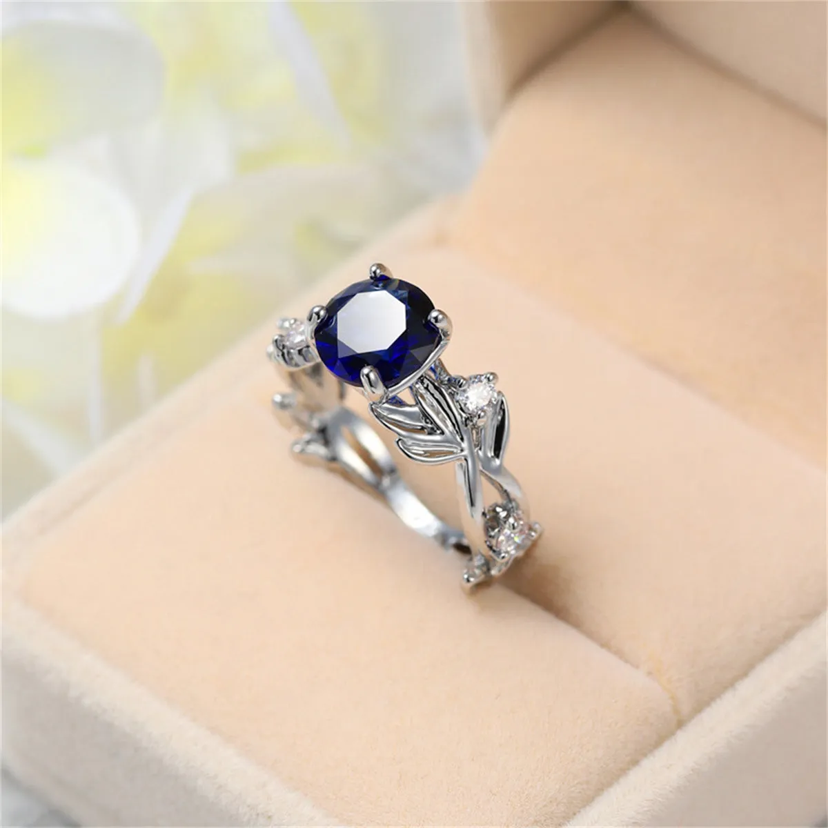 Navy Crystal & Silver-Plated Round-Cut Floral Ring