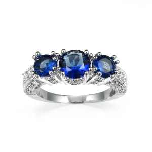 Navy Crystal & Silver-Plated Triple-Head Ring