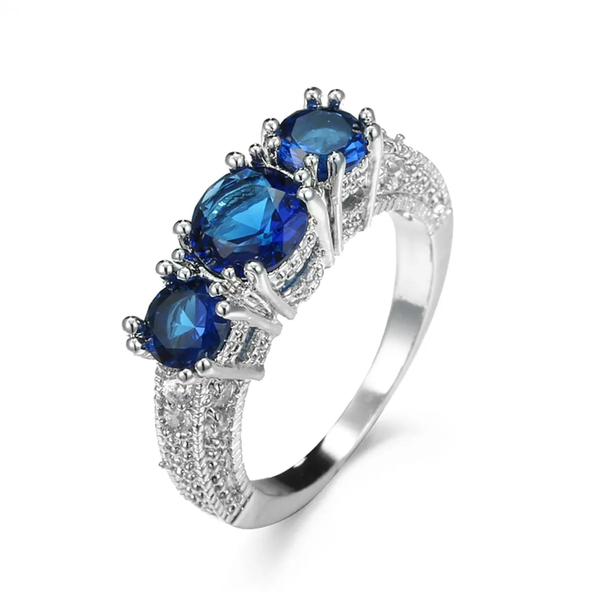 Navy Crystal & Silver-Plated Triple-Head Ring