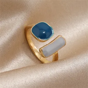 Navy Enamel & 18K Gold-Plated Bar Open Ring