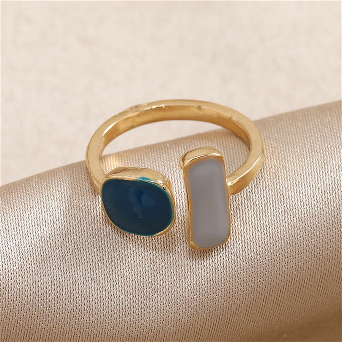 Navy Enamel & 18K Gold-Plated Bar Open Ring
