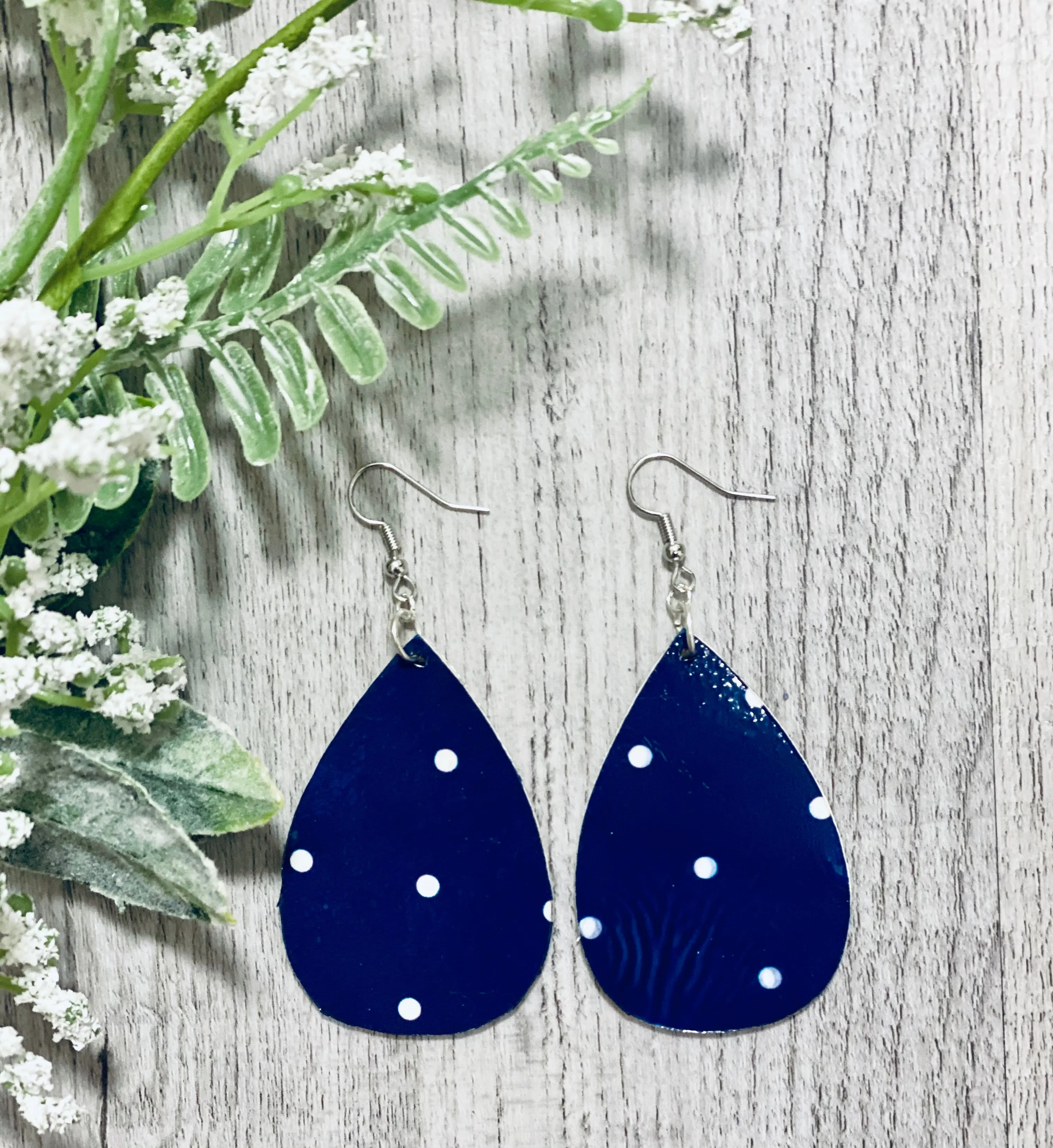 Navy Polka Dot Wooden Earrings