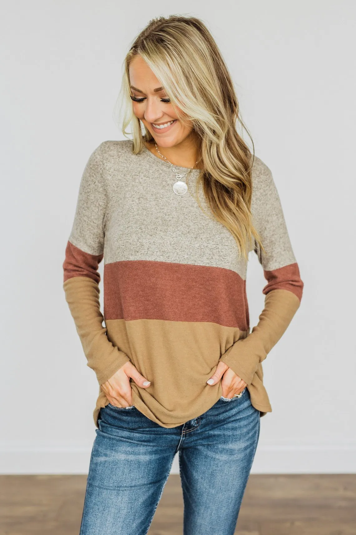 Never Settle Color Block Top- Grey, Brick, & Dark Tan