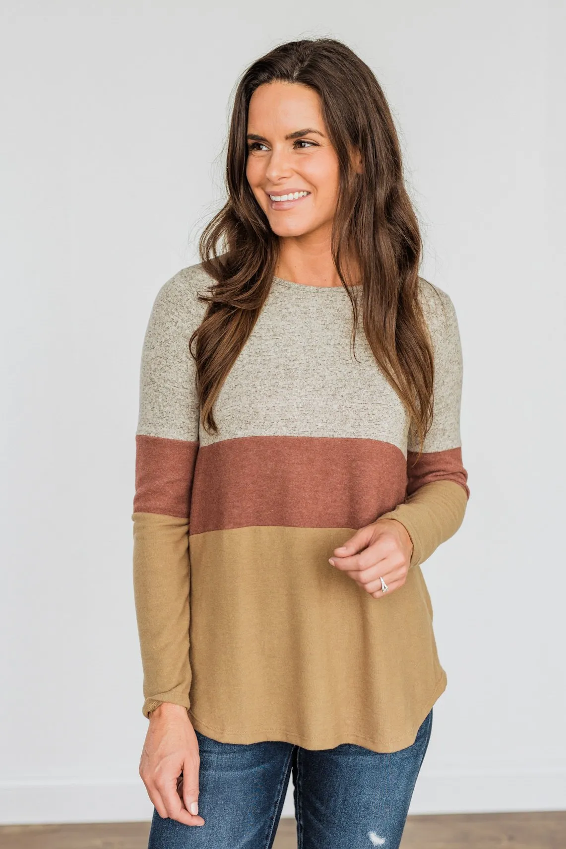 Never Settle Color Block Top- Grey, Brick, & Dark Tan
