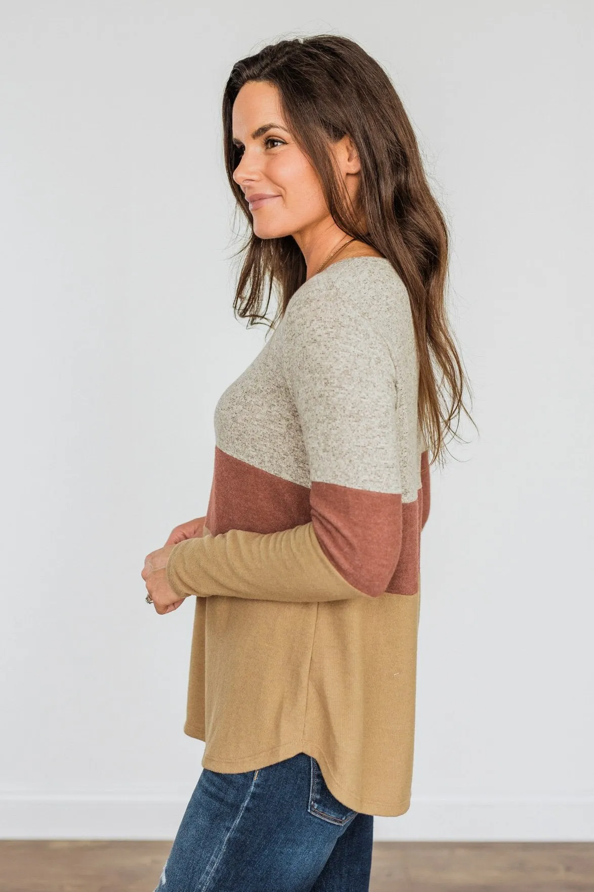 Never Settle Color Block Top- Grey, Brick, & Dark Tan