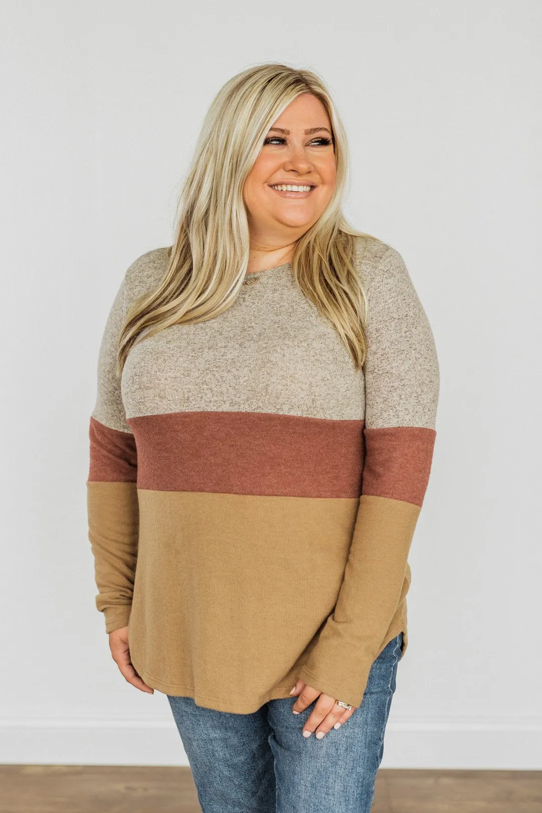 Never Settle Color Block Top- Grey, Brick, & Dark Tan