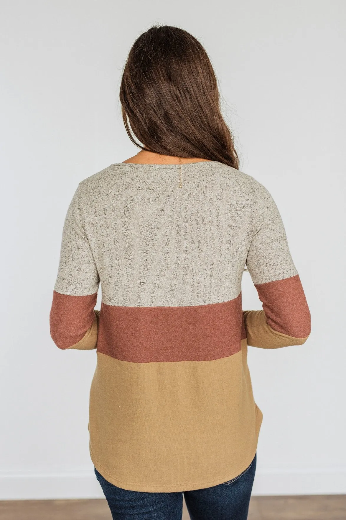 Never Settle Color Block Top- Grey, Brick, & Dark Tan