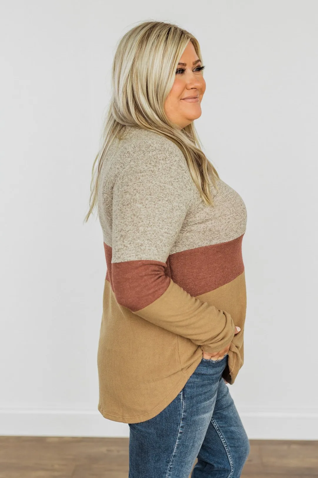 Never Settle Color Block Top- Grey, Brick, & Dark Tan