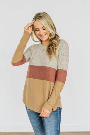 Never Settle Color Block Top- Grey, Brick, & Dark Tan