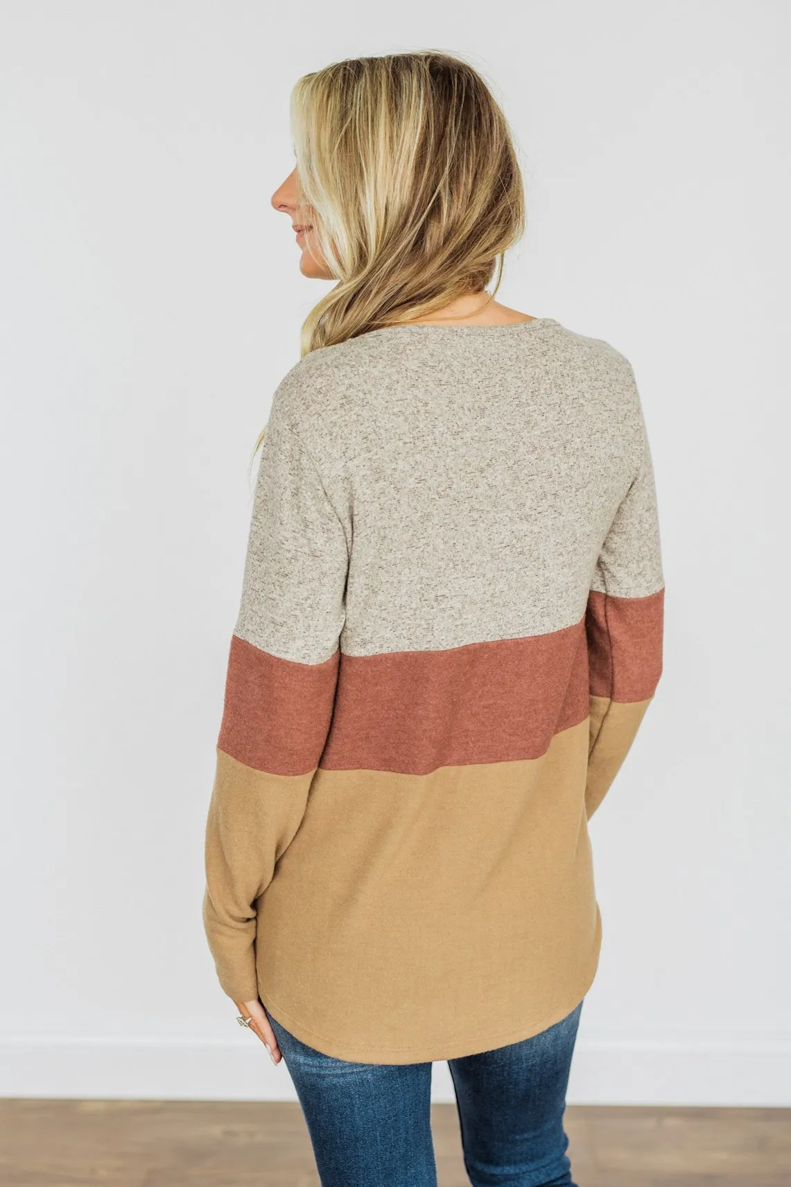 Never Settle Color Block Top- Grey, Brick, & Dark Tan