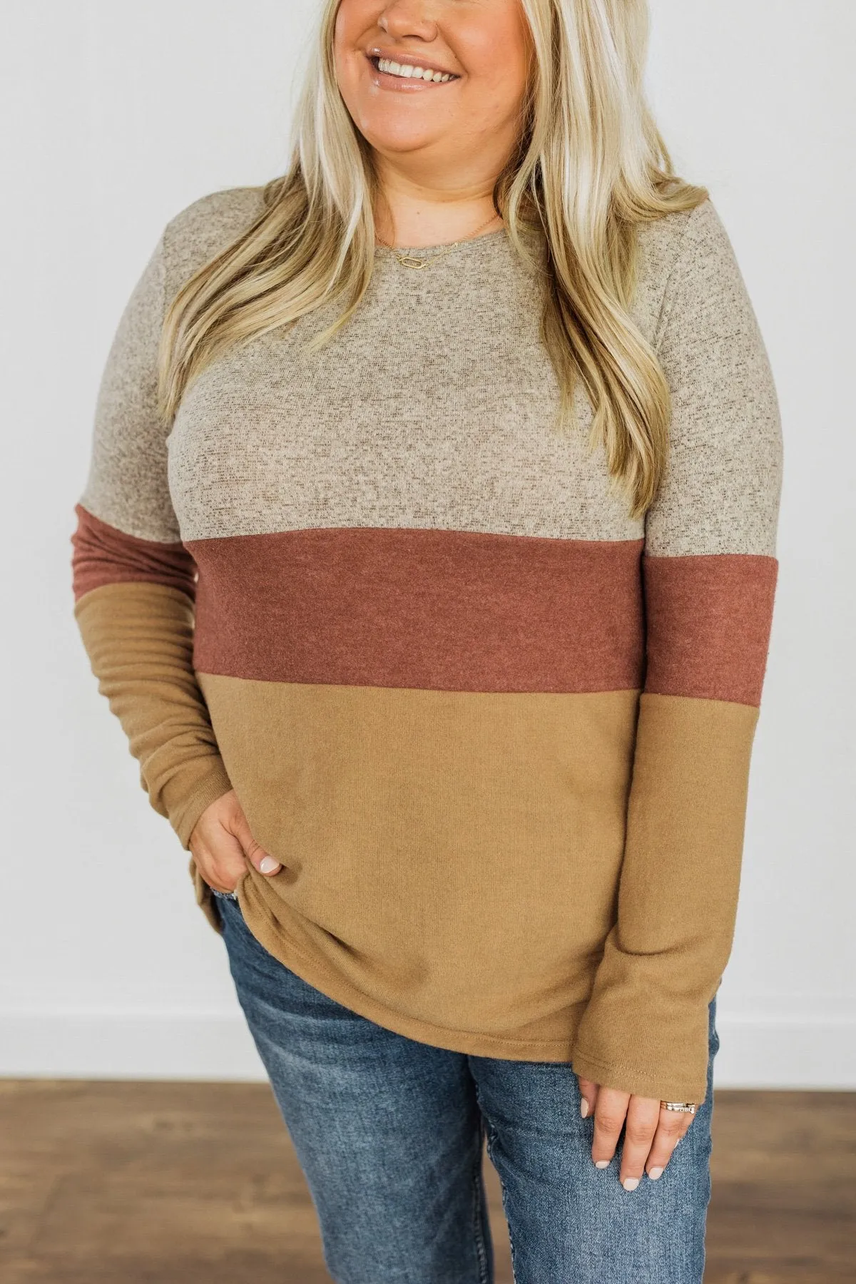 Never Settle Color Block Top- Grey, Brick, & Dark Tan