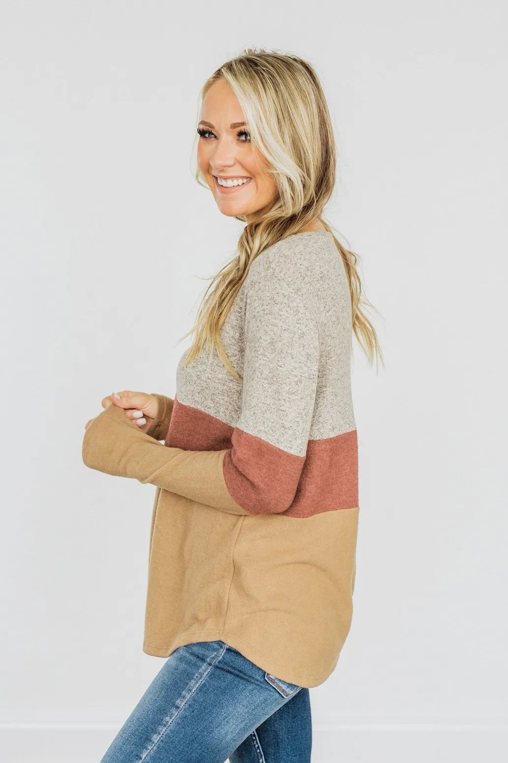 Never Settle Color Block Top- Grey, Brick, & Dark Tan