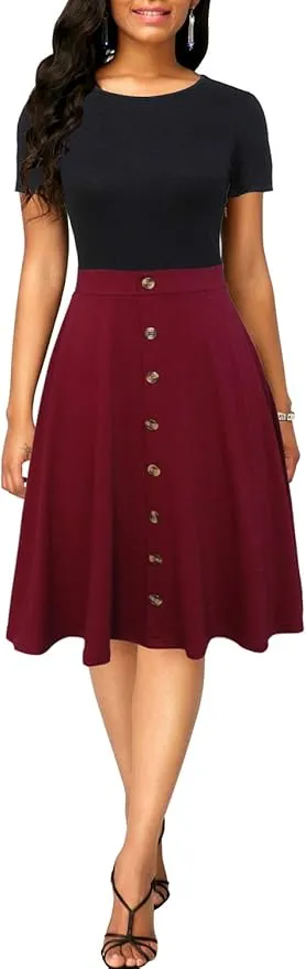 New BERYDRESS Women's Short Sleeve Colorblock Button Down Sundress Knee-Length Flared A-Line Casual Party Swing Dress with stretch, black & burgundy!  Sz XL