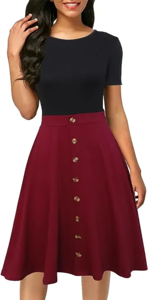 New BERYDRESS Women's Short Sleeve Colorblock Button Down Sundress Knee-Length Flared A-Line Casual Party Swing Dress with stretch, black & burgundy!  Sz XL
