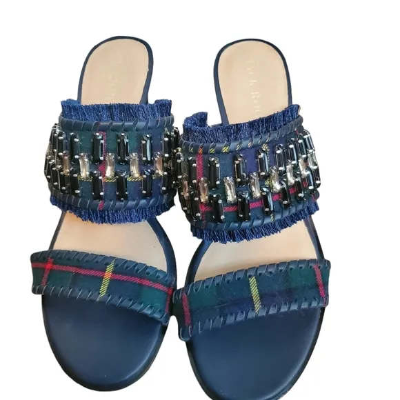 NEW Jack Rogers Beatrix Bejeweled Plaid Block Heel Slide On Sandal