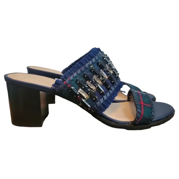 NEW Jack Rogers Beatrix Bejeweled Plaid Block Heel Slide On Sandal