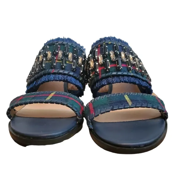 NEW Jack Rogers Beatrix Bejeweled Plaid Block Heel Slide On Sandal